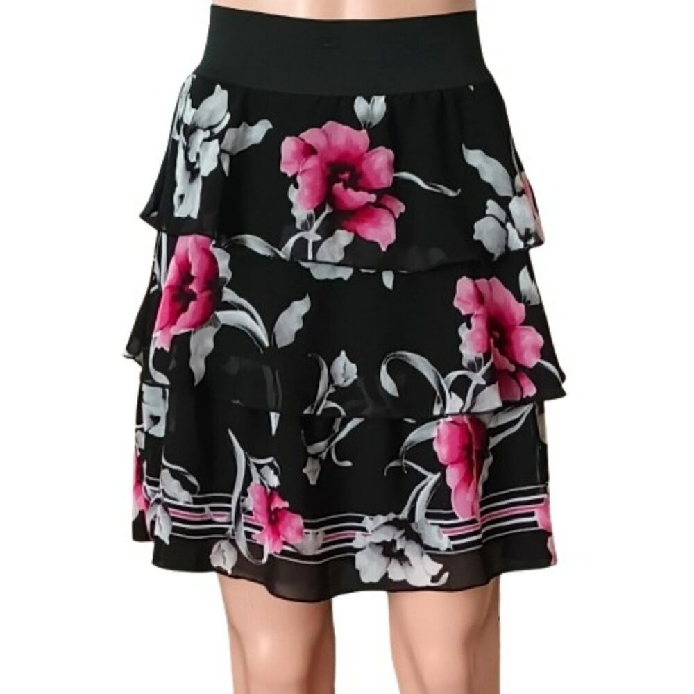Women's Floral Sheer Ruffle Skirt XS WHBM Black & Pink Layered Short Fall Skirt